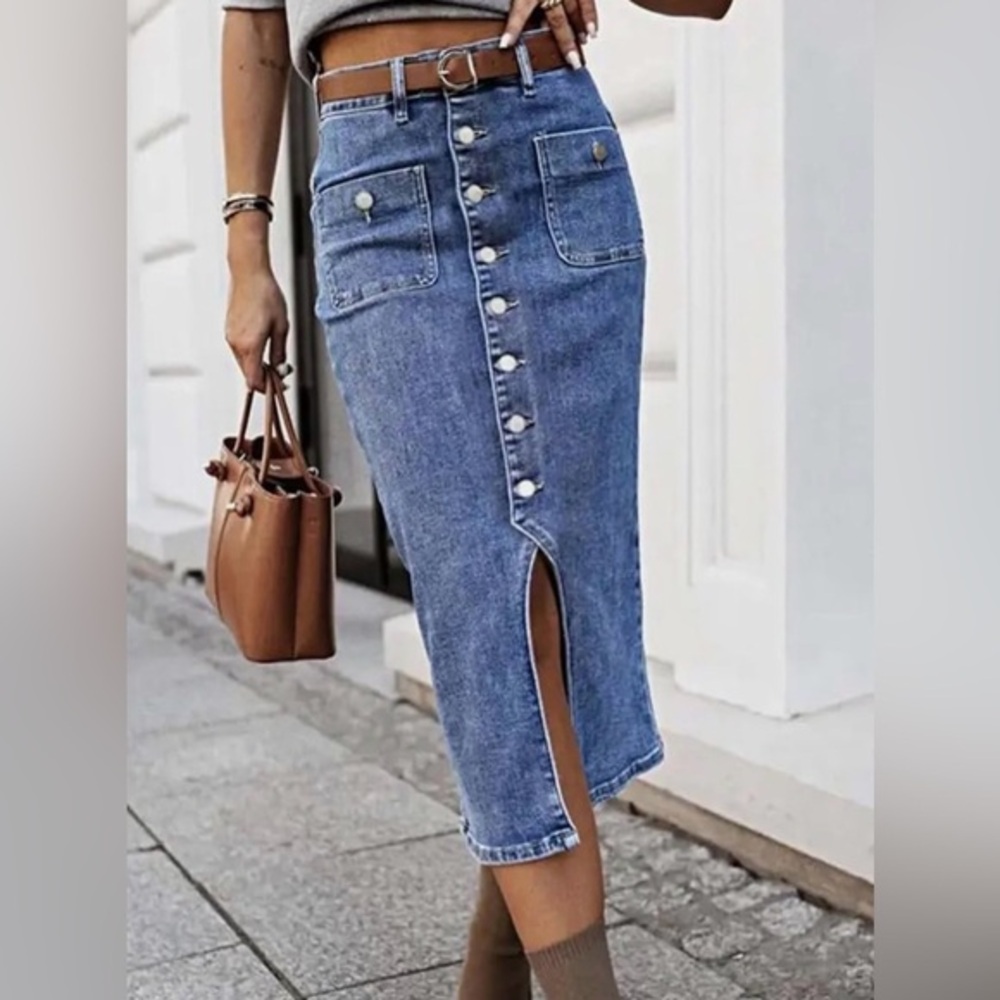 Flamingals High Waist Denim Midi Skirt Vintage Button Front Bodycon Jean Pencil